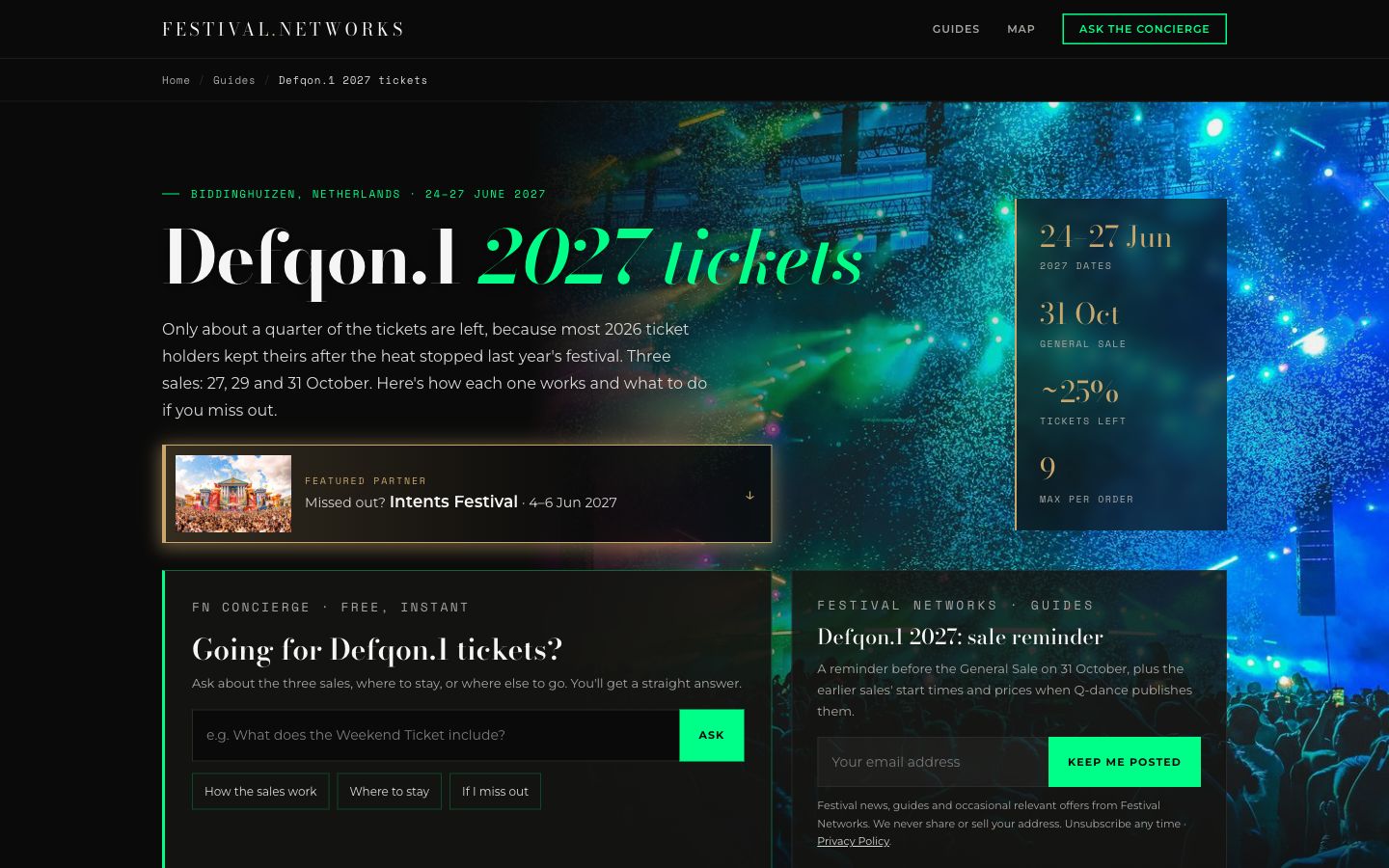 Defqon.1 2027 tickets page, first screen: a Featured partner line with Intents Festival&rsquo;s photo, under the opening paragraph
