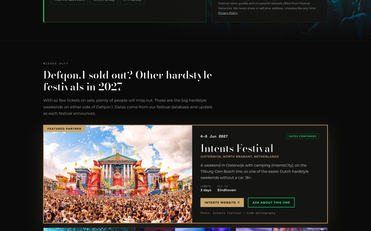 The same page once sold out: the alternatives section, with the Intents Festival Featured card first, straight under the page header